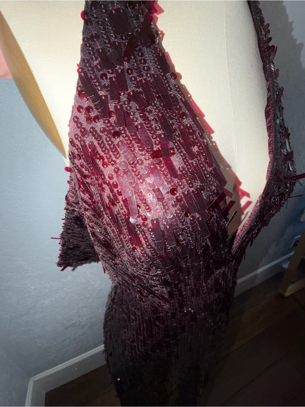 Halston! Burgundy Sequin Halter Gown | Open Back Formal Dress - Picture 3 of 4